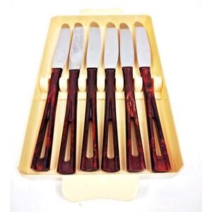 6 Vintage Matching Stanhome Stainless Steak Knife Set Serrated Edge Plastic Tray